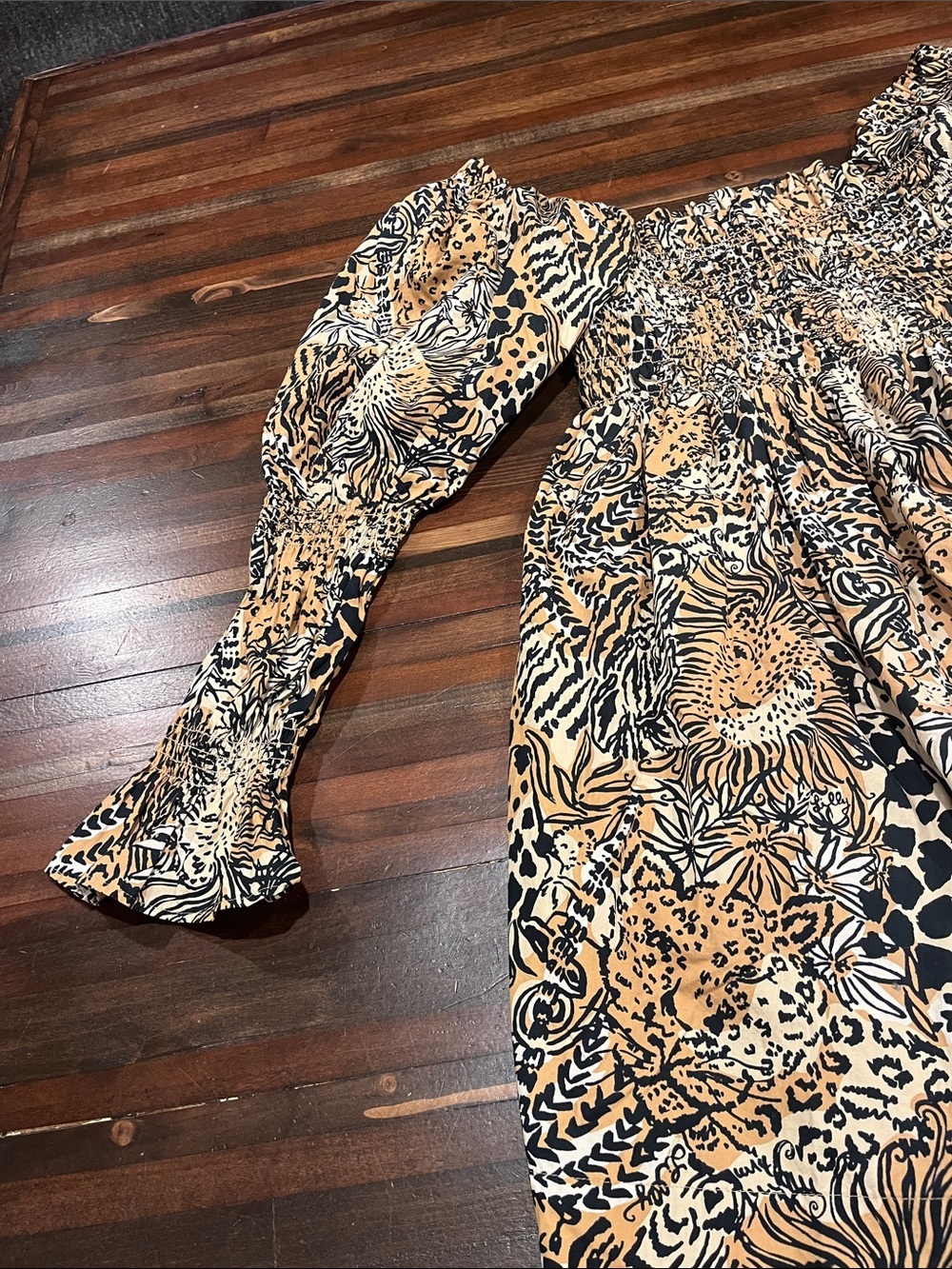 Lily Pulitzer Animal Print Smocked Dress - Tan & Black medium - Picture 3 of 5